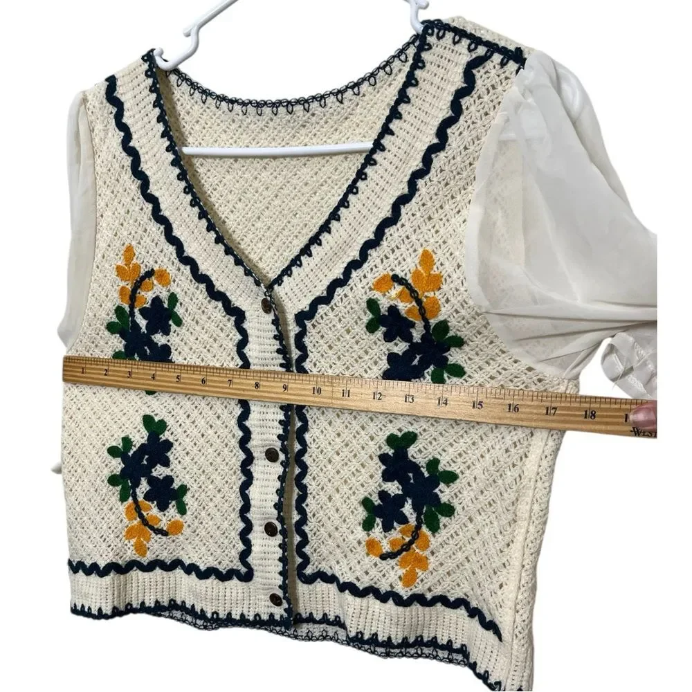 Knit Crochet Button Blouse Women’s XS White Puff Sleeve Embroidered Cottagecore - Picture 10 of 10